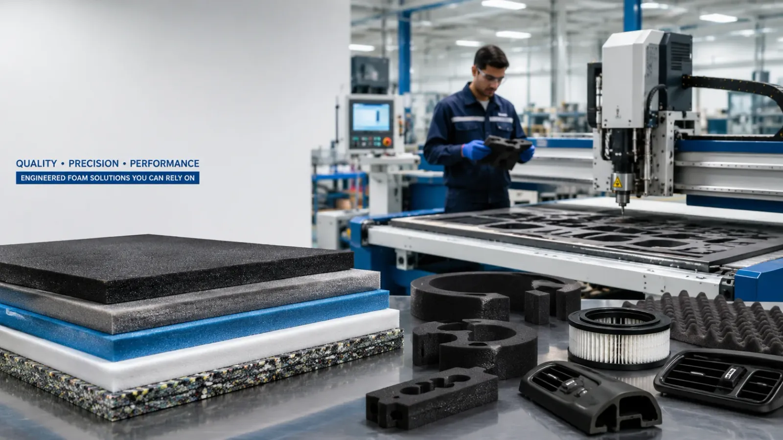 Foam cutting and component manufacturing at Parul Plast — operator, foam sheets and finished parts on the production floor